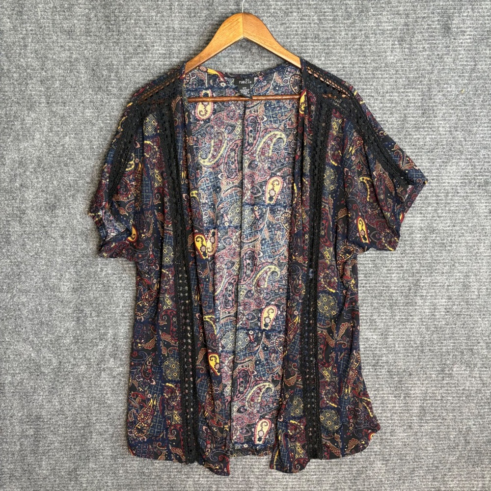 rue21 Womens Paisley Crochet Trim Kimono Cardigan Navy Blue Boho Open Front S/M